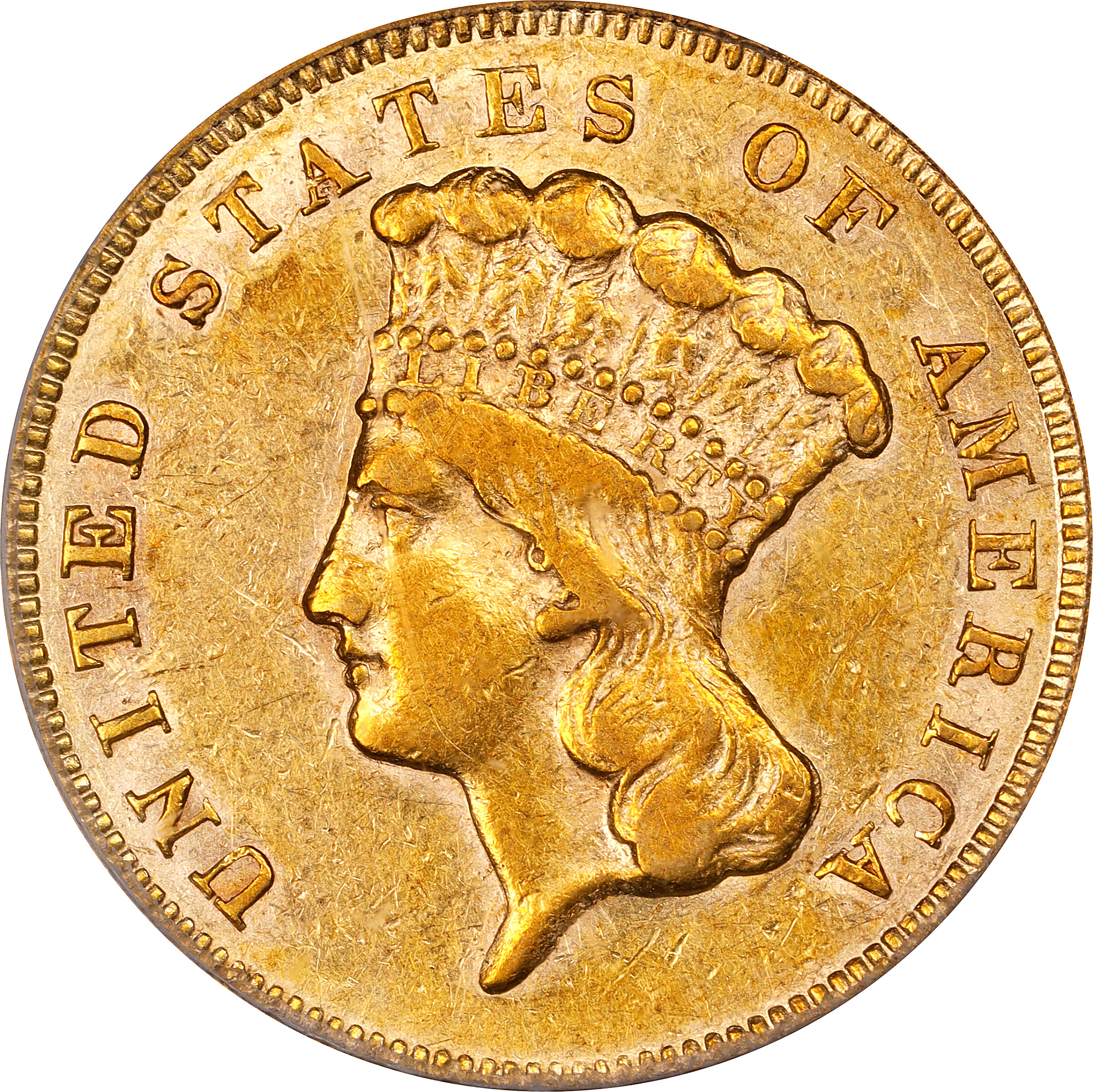1857-S Three-Dollar Gold Piece. AU-50 (PCGS).