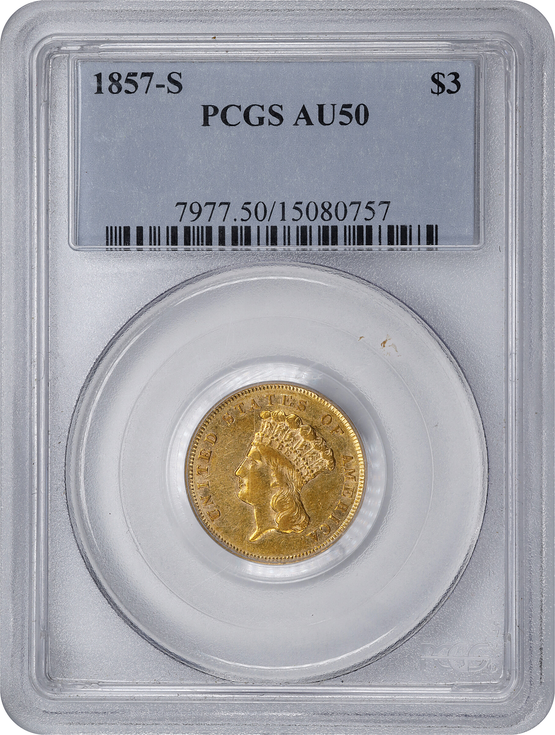 1857-S $3 AU50 thumbnail 3