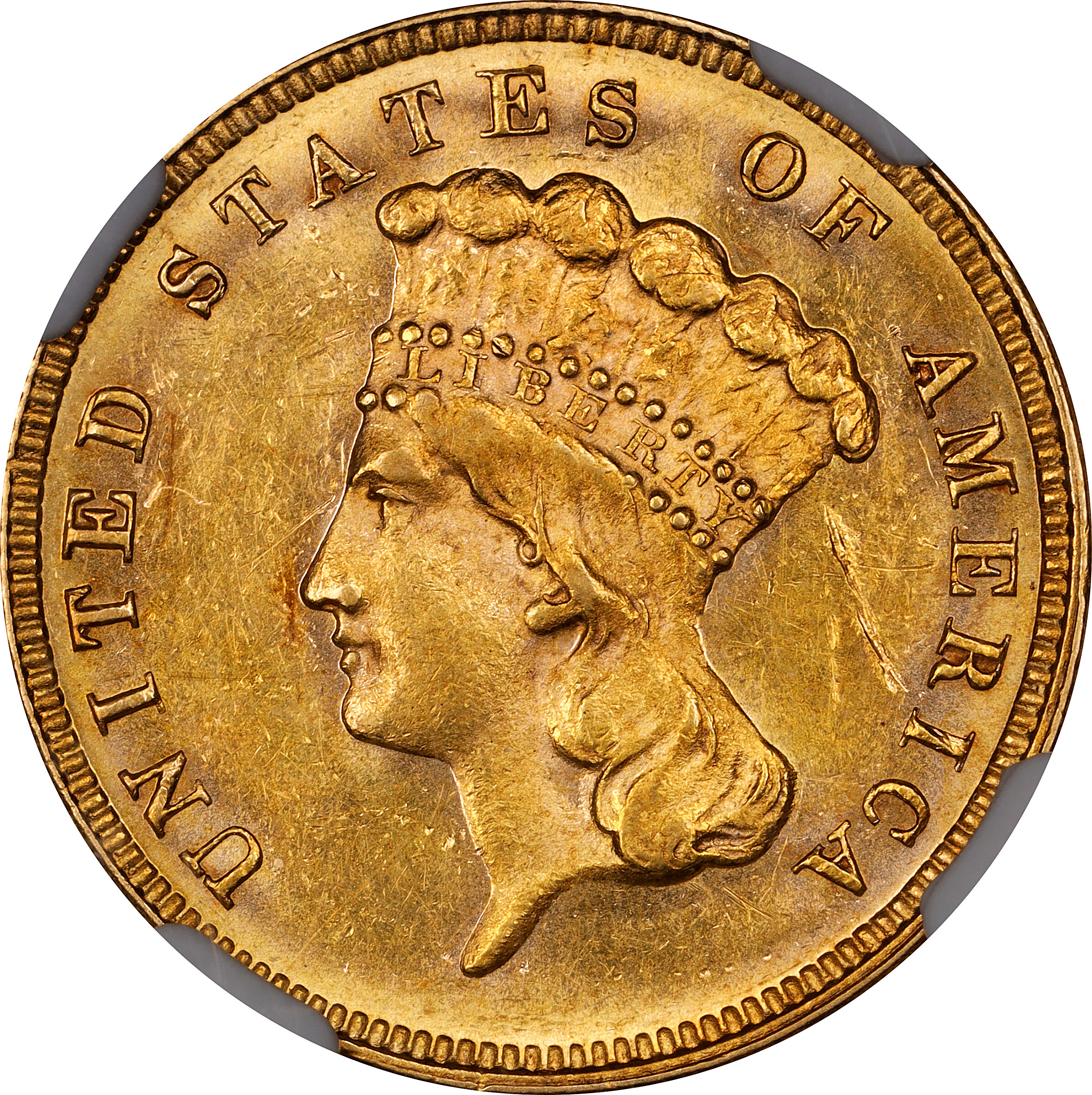 1882 Three-Dollar Gold Piece. MS-60 (NGC).
