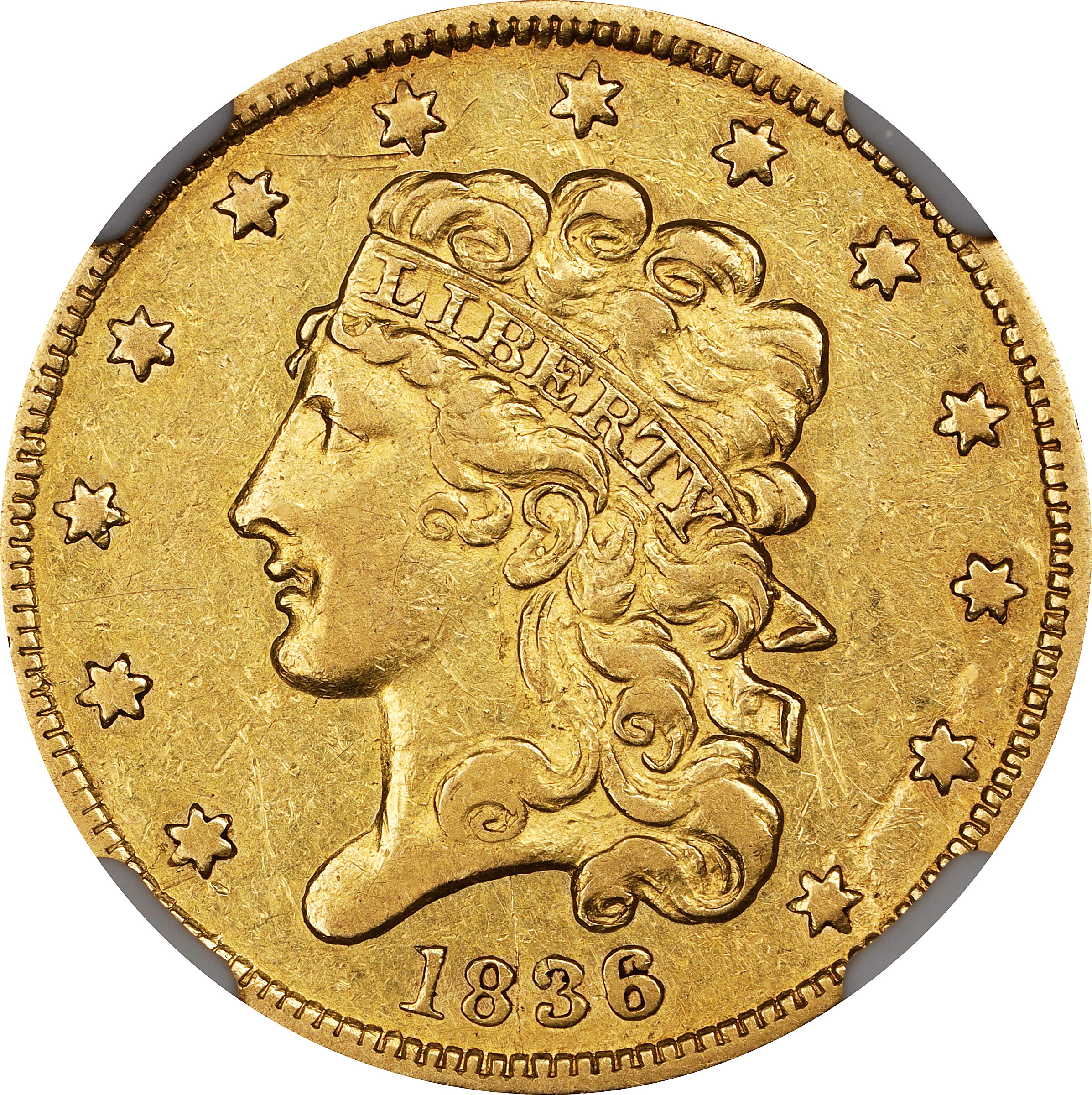 1836 Classic Head Half Eagle. HM-5. Rarity-5-. AU-53 (NGC).