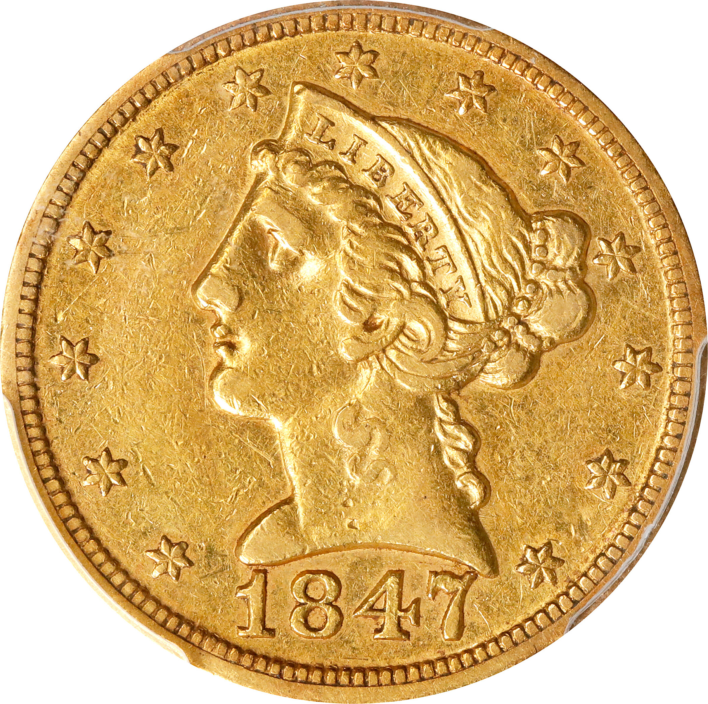 1847-D Liberty Head Half Eagle. Winter 18-K. AU-50 (PCGS).