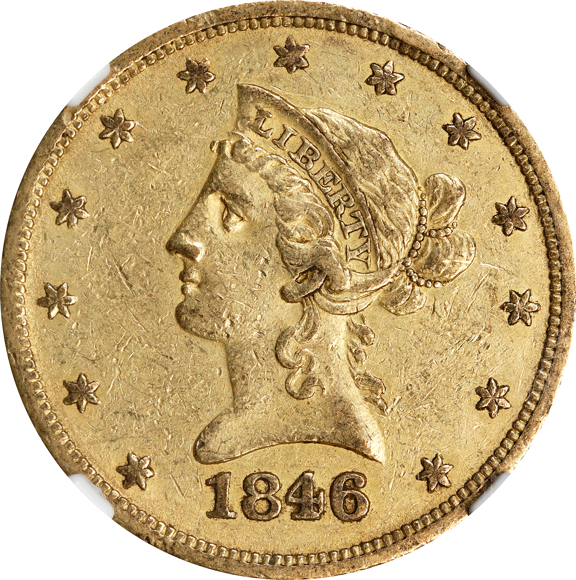 1846/'5'-O Liberty Head Eagle. Winter-3. AU-55 (NGC).