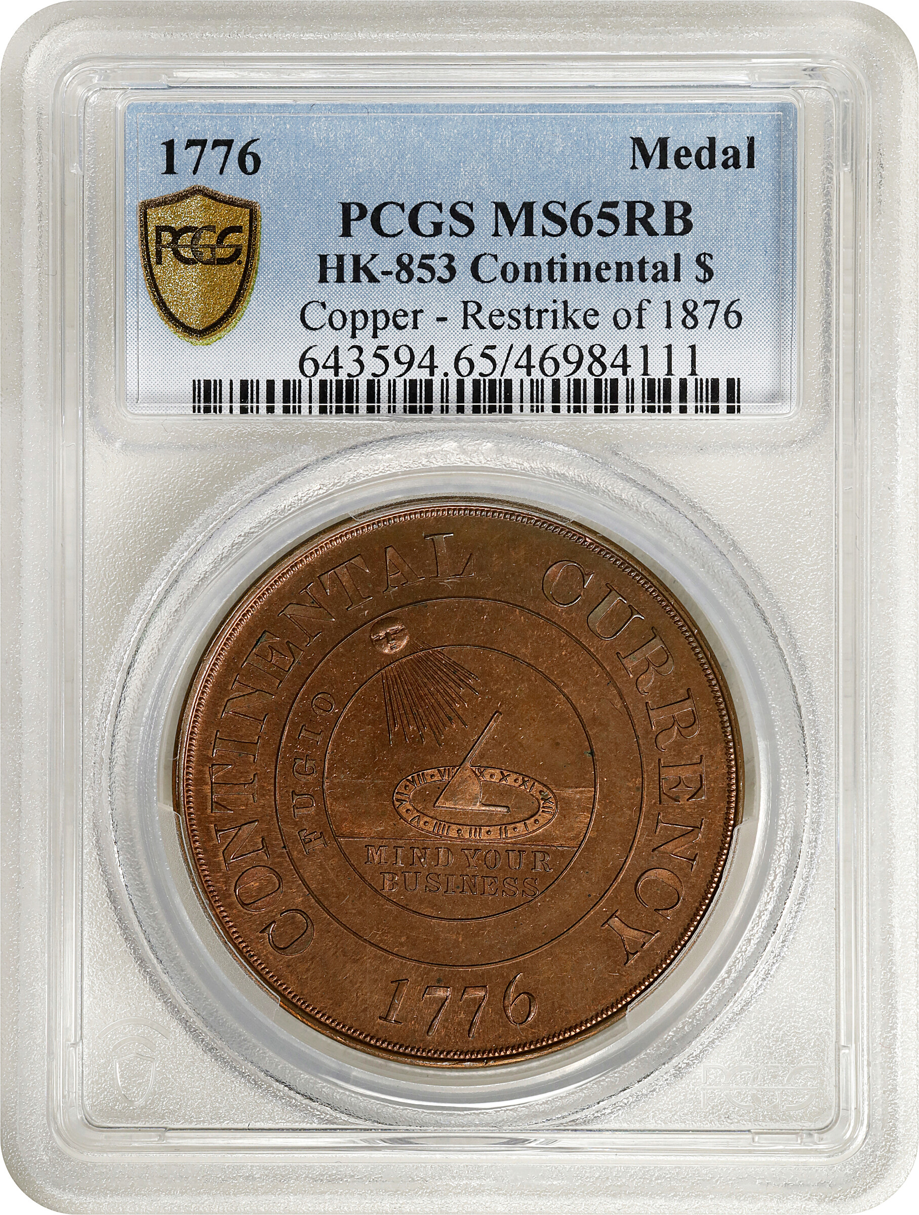 (Dated 1776) SC$1 Continental Dollar Restrike, Copper, HK-853 MS RB MS63 RB thumbnail 3