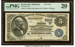 image for: Bartlesville, OK - $5 1882 Value Back Fr. 575 The First National Bank Ch. # (W)5310 PMG Very Fine 20....