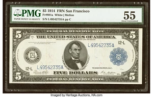 image for: Fr. 891a $5 1914 Federal Reserve Note PMG About Uncirculated 55....