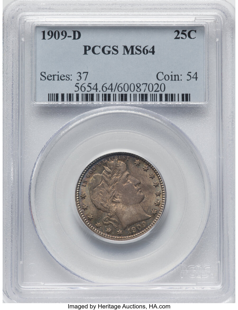 1909-D 25C MS64 PCGS. PCGS Population: (79/65). NGC Census: (44/24). CDN: $295 Whsle. Bid for NGC/PCGS MS64. Mintage 5,114,...