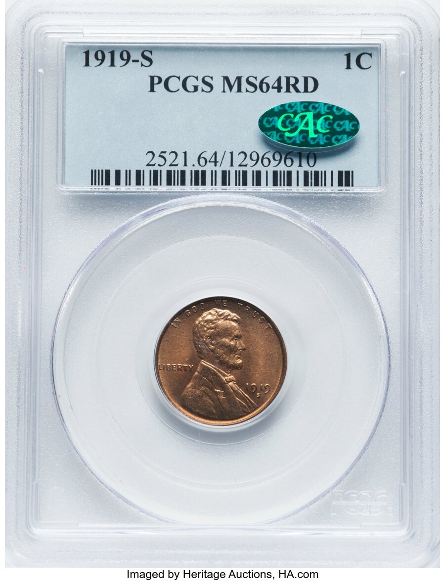 1919-S 1C MS64 Red PCGS. CAC. PCGS Population: (139/38). NGC Census: (30/6). CDN: $600 Whsle. Bid for NGC/PCGS MS64. Mintag...