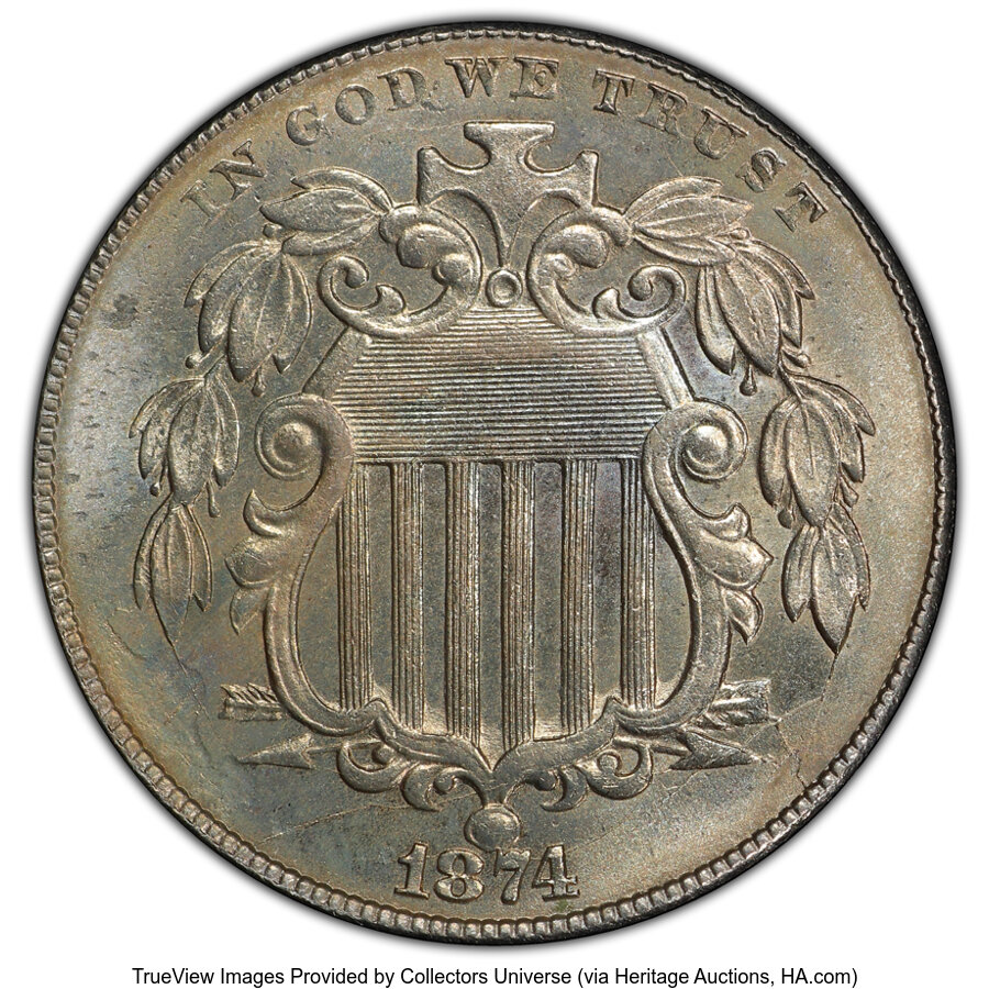 1874 5C MS65 PCGS. PCGS Population: (53/23 and 2/19+). NGC Census: (21/5 and 0/1+). CDN: $850 Whsle. Bid for NGC/PCGS MS65....