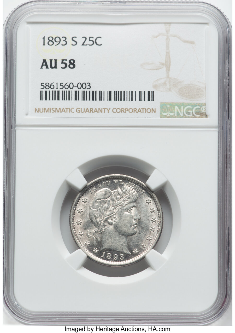 1893-S 25C AU58 NGC. NGC Census: (8/58). PCGS Population: (24/87). CDN: $330 Whsle. Bid for NGC/PCGS AU58. Mintage 1,454,53...