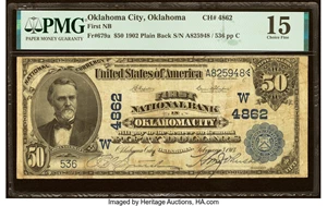 image for: Oklahoma City, OK - $50 1902 Plain Back Fr. 679a First National Bank Ch. # (W)4862 PMG Choice Fine 15....