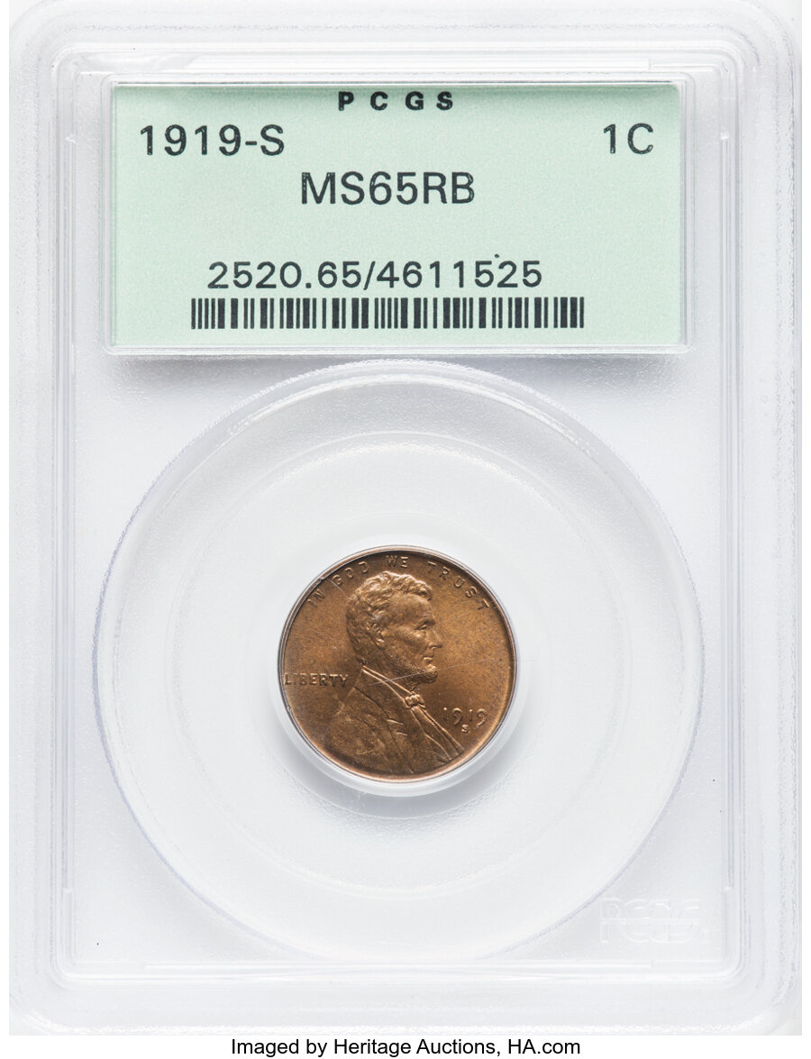 1919-S 1C MS65 Red and Brown PCGS. PCGS Population: (51/1). NGC Census: (24/0). CDN: $675 Whsle. Bid for NGC/PCGS MS65. Min...