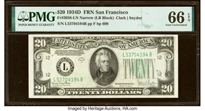 image for: Fr. 2058-L $20 1934D Narrow Federal Reserve Note. PMG Gem Uncirculated 66 EPQ....