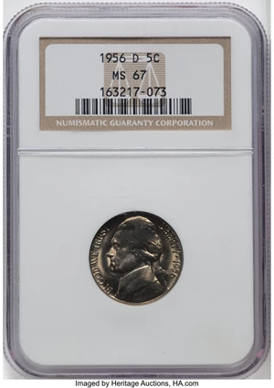 image for: 1956-D 5C MS67 NGC. NGC Census: (70/0). PCGS Population: (19/0). CDN: $225 Whsle. Bid for NGC/PCGS MS67. Mintage 67,222,940...