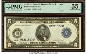 image for: Fr. 873 $5 1914 Federal Reserve Note PMG About Uncirculated 55....