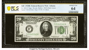 image for: Fr. 2052-F $20 1928B Federal Reserve Note. PCGS Banknote Choice Unc 64....
