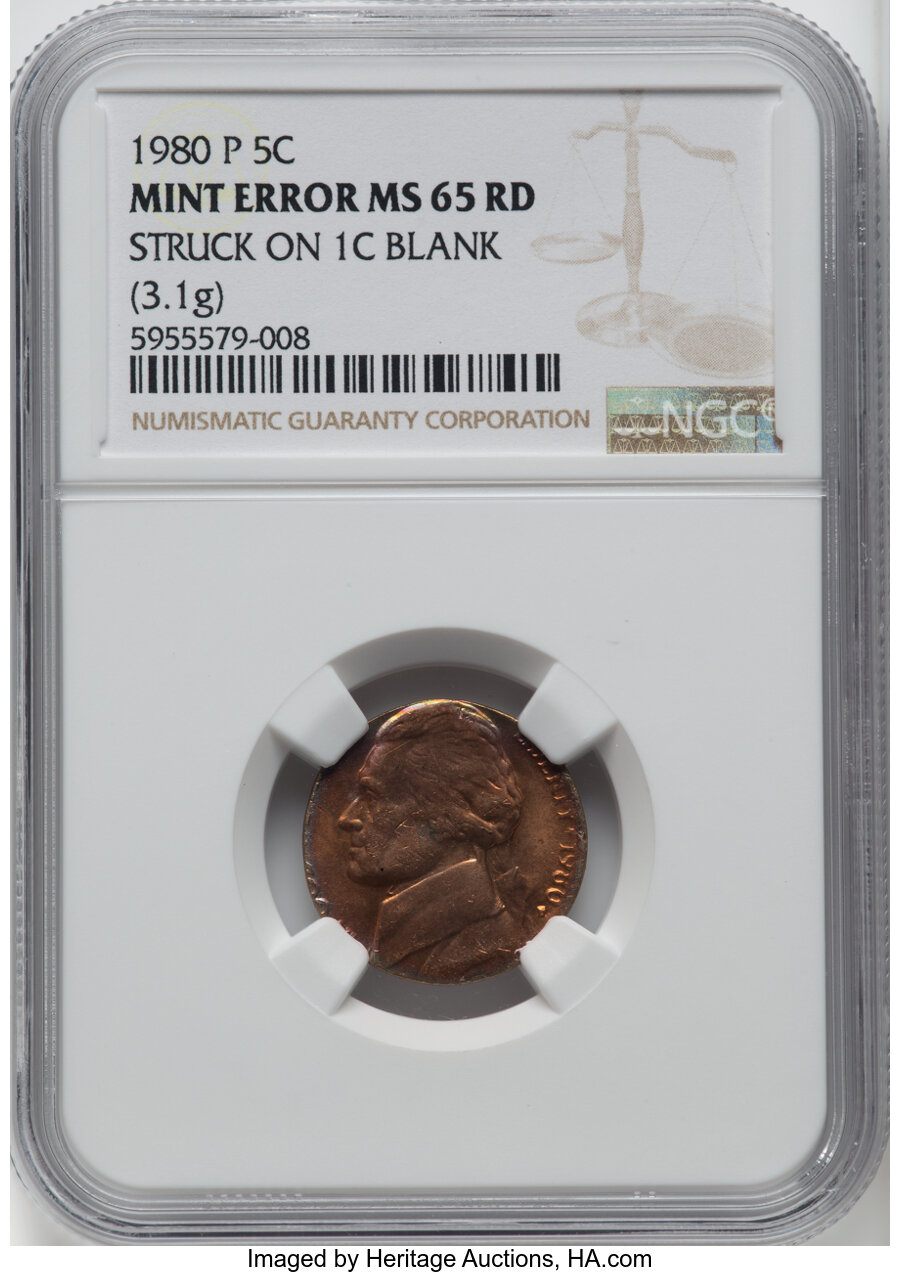 1980-P 5C Jefferson Nickel -- Struck on 1C Blank -- MS65 Red NGC. (3.1 grams)....