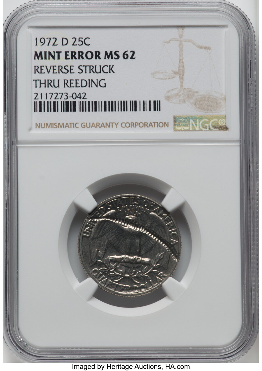 1972-D 25C Washington Quarter -- Reverse Struck Thru Reeding -- MS62 NGC....