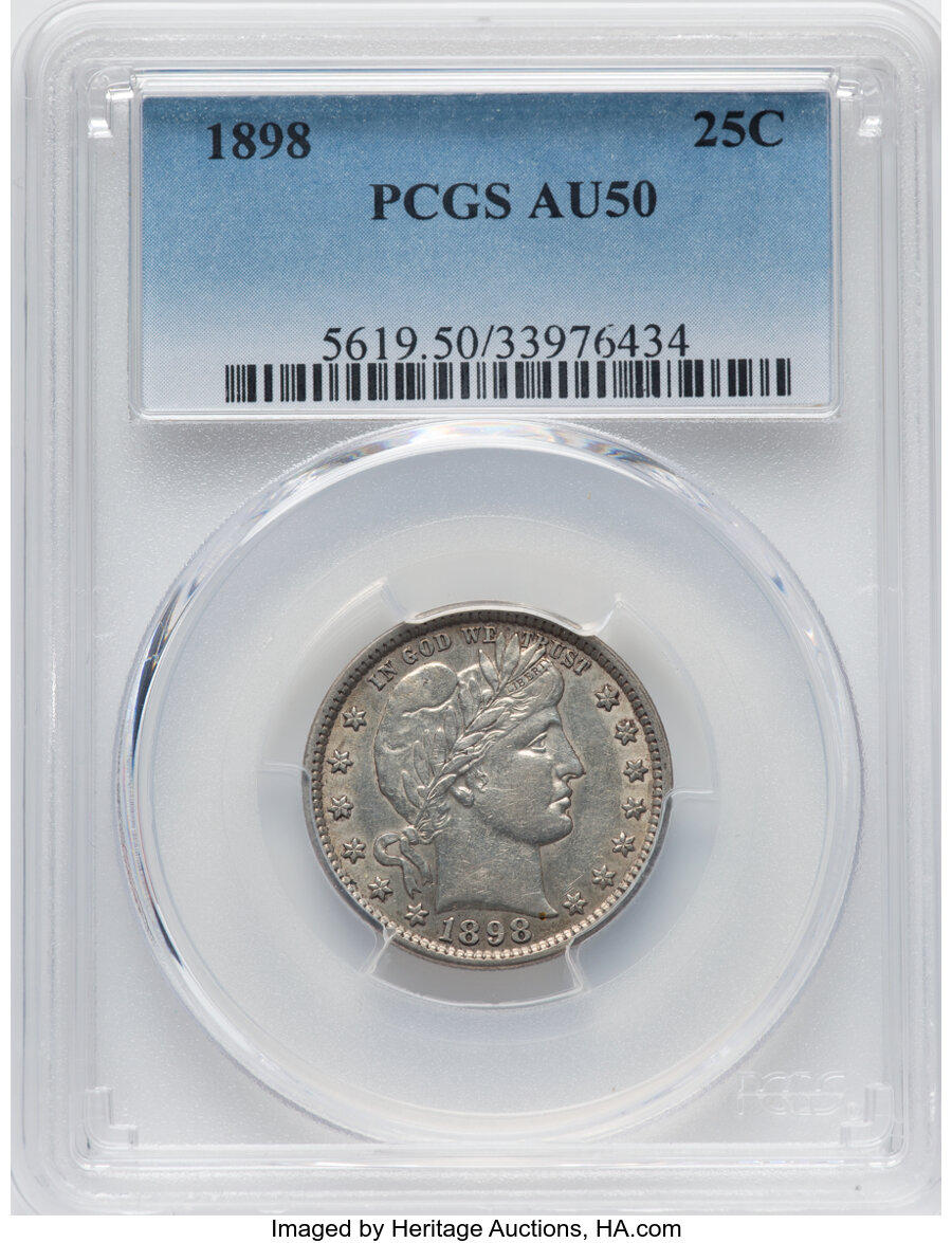 1898 25C AU50 PCGS. PCGS Population: (21/453). NGC Census: (8/338). CDN: $105 Whsle. Bid for NGC/PCGS AU50. Mintage 11,100,...