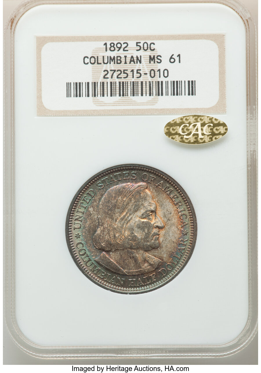 1892 50C Columbian MS61 NGC. Gold CAC. NGC Census: (153/5204). PCGS Population: (179/6223). MS61. Mintage 950,000. ...