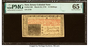 image for: New Jersey March 25, 1776 15s PMG Gem Uncirculated 65 EPQ....