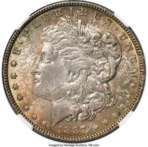 image for: 1887 $1 Donkey Tail, VAM-25A, Top 100, MS62 NGC. NGC Census: (3/0). PCGS Population: (4/5). CDN: $2,600 Whsle. Bid for NGC/...