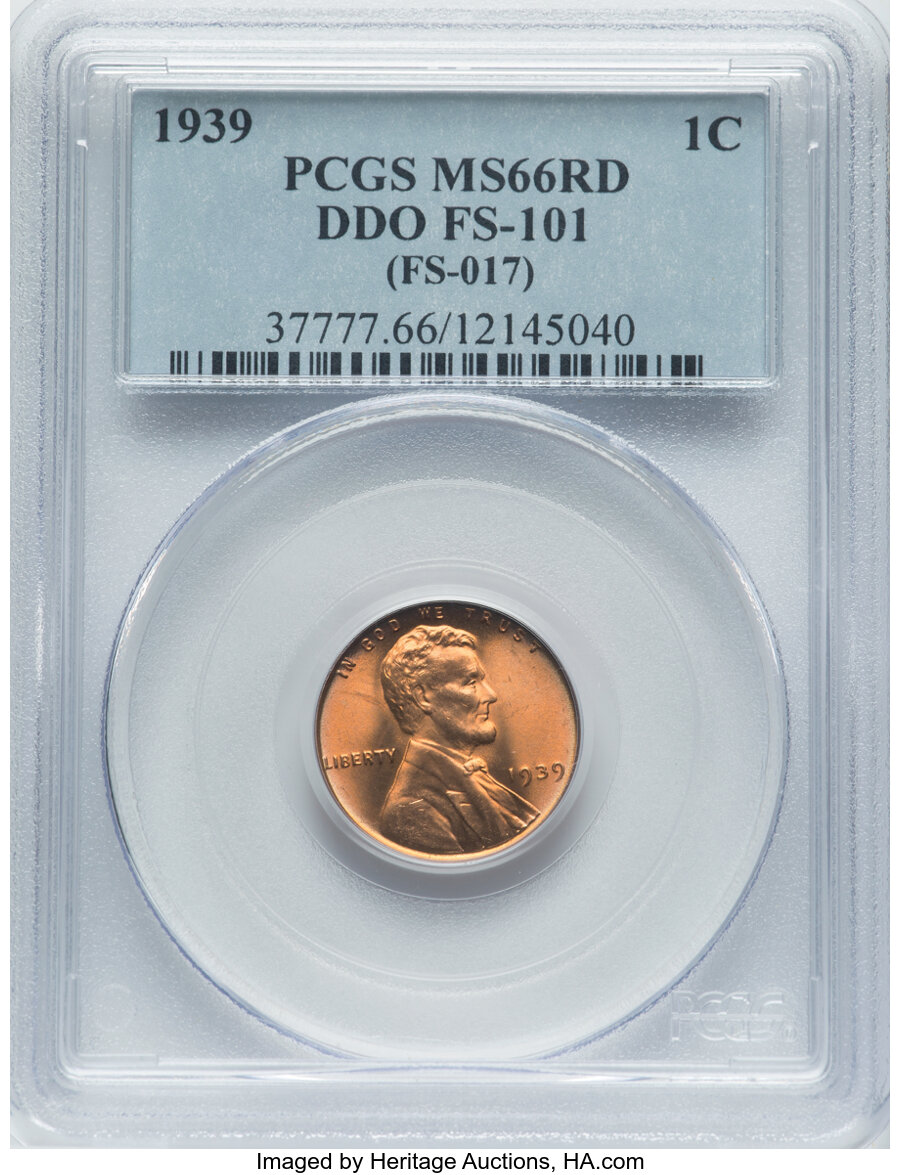 1939 1C Double Die Obverse, FS-101, MS66 Red, PCGS. (FS-017). PCGS Population: (17/5). NGC Census: (0/0). MS66....