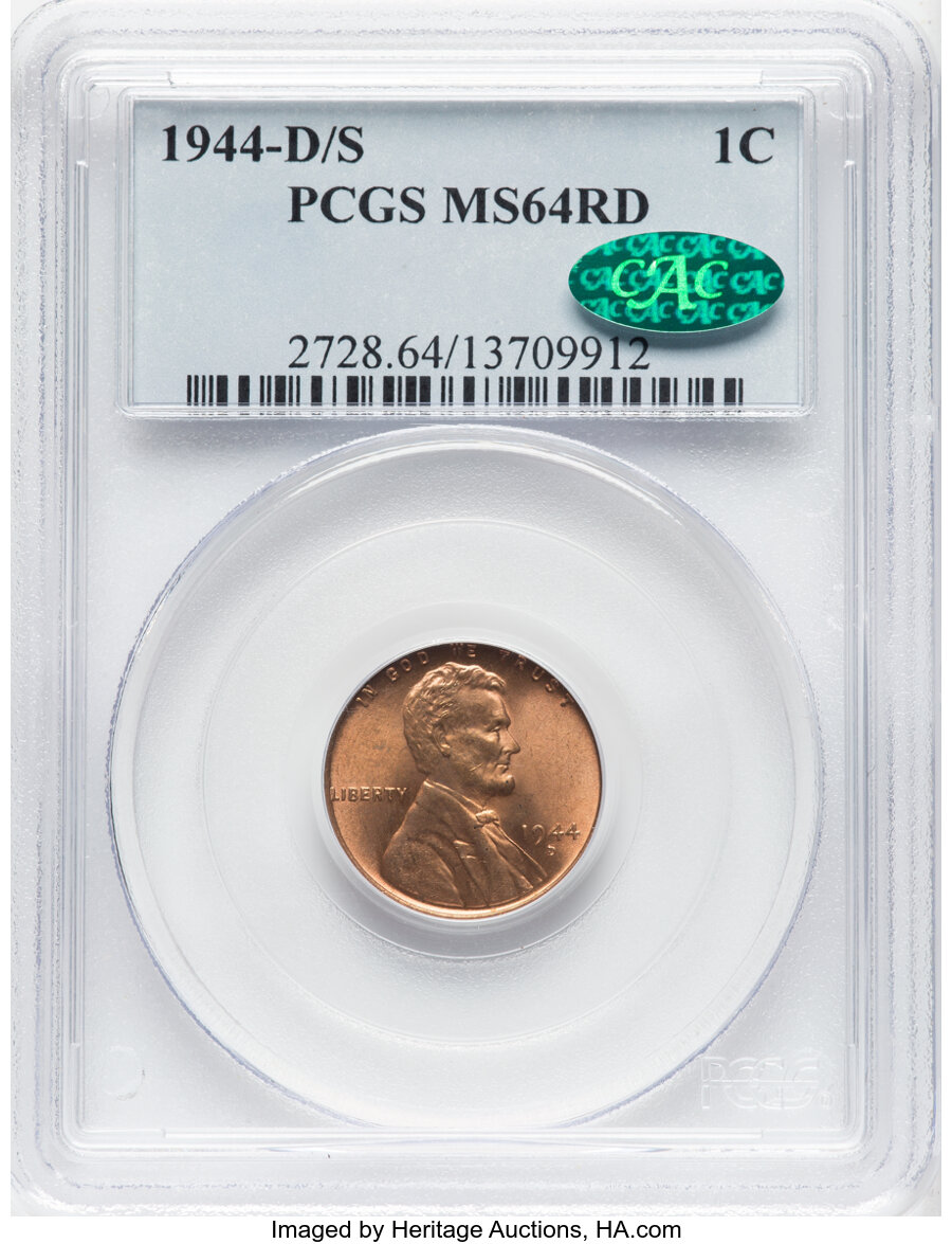 1944-D/S 1C MS64 Red PCGS. CAC. PCGS Population: (57/53). NGC Census: (2/5). CDN: $650 Whsle. Bid for NGC/PCGS MS64. Mintag...