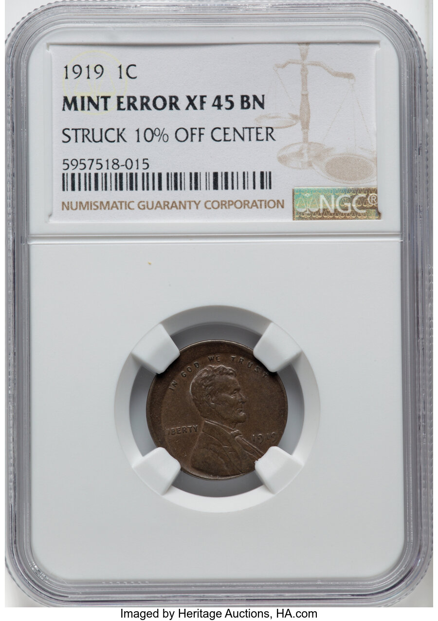 1919 1C Lincoln Cent -- Struck 10% Off Center -- XF45 NGC....