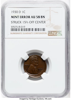 image for: 1930-D 1C Lincoln Cent -- Struck 15% Off Center -- AU58 NGC....