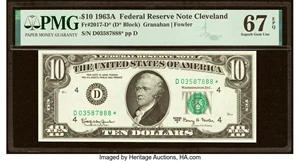 image for: Fr. 2017-D* $10 1963A Federal Reserve Star Note. PMG Superb Gem Unc 67 EPQ....