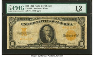 image for: Fr. 1173* $10 1922 Gold Certificate Star PMG Fine 12....