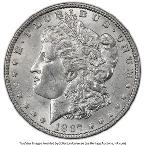 image for: 1887 $1 Donkey Tail, VAM-25A, Top 100, MS62 PCGS. Formerly VAM-1A. PCGS Population: (4/5 and 1/0+). NGC Census: (3/0 and 0/0...