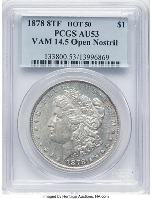 image for: 1878 8TF $1 Open Nostril, Spiked "A", VAM-14.5, AU53 PCGS. A Hot 50 Variety. PCGS Population: (8/10). NGC Census: (0/6). CD...