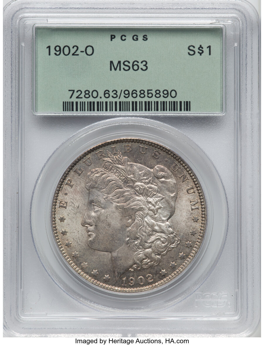 1902-O $1 Near Date, 2 Olive Reverse, VAM-34, MS63 PCGS. Mintage 8,636,000....