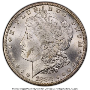 image for: 1880-CC $1 GSA, 8/7, Reverse of 1878, VAM-7, MS62 PCGS. A Hit List Variety. PCGS Population: (10/95 and 0/5+). NGC Census: ...