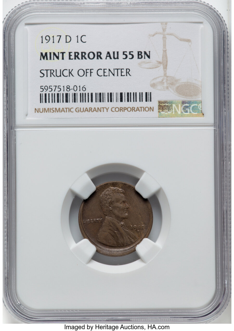 1917-D 1C Lincoln Cent -- Struck Off Center -- AU55 NGC....