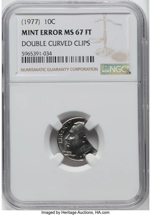 image for: 1977 10C Roosevelt Dime -- Double Curved Clips -- MS67 Full Bands NGC....