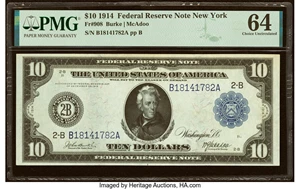 image for: Fr. 908 $10 1914 Federal Reserve Note PMG Choice Uncirculated 64....