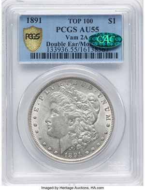 image for: 1891 $1 Doubled Ear and Mustache, VAM-2A, Top 100, AU55 PCGS. CAC. PCGS Population: (8/6). NGC Census: (4/1). CDN: $500 Whsl...