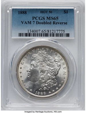 image for: 1888 $1 Doubled Die Reverse, VAM-7, Hot 50, MS65 PCGS. PCGS Population: (16/4). NGC Census: (0/0). CDN: $340 Whsle. Bid for...