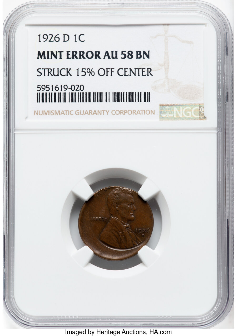 1926-D 1C Lincoln Cent -- Struck 15% Off Center -- AU58 NGC....