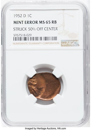 image for: 1952-D 1C Lincoln Cent -- Struck 50% Off Center -- MS65 Red and Brown NGC....