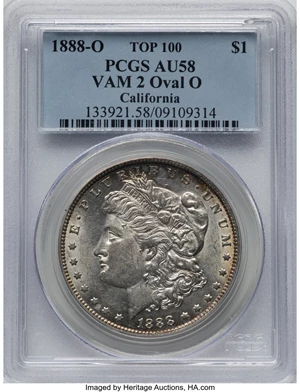 image for: 1888-O $1 Oval O, VAM-2, AU58 PCGS. A Top 100 Variety. Ex: California. PCGS Population: (9/9). NGC Census: (0/0). CDN: $135...