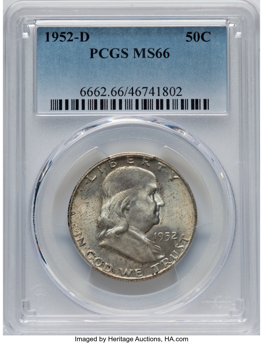 1952-D 50C MS66 PCGS. PCGS Population: (10/0). NGC Census: (17/3). CDN: $300 Whsle. Bid for NGC/PCGS MS66. Mintage 25,395,6...
