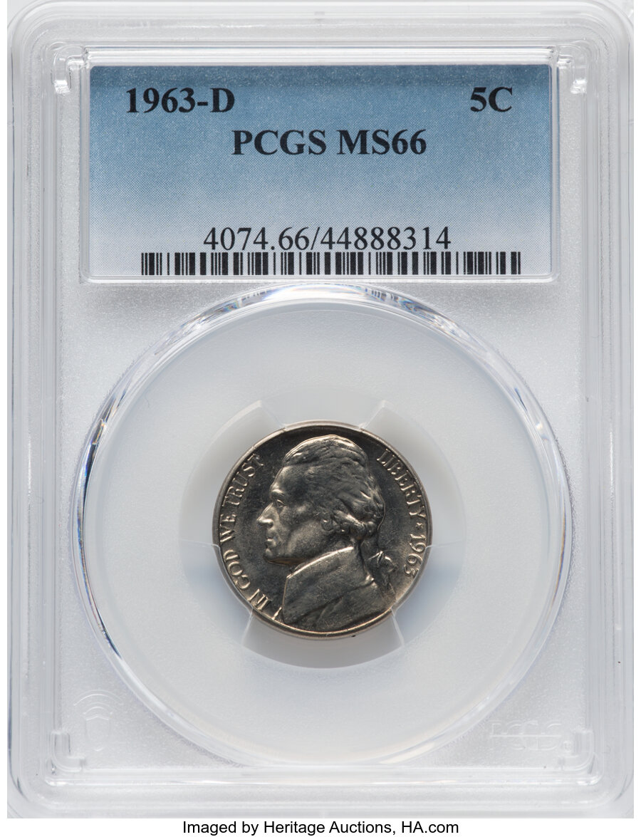 1963-D 5C MS66 PCGS. PCGS Population: (60/0). NGC Census: (129/14). CDN: $120 Whsle. Bid for NGC/PCGS MS66. Mintage 276,829...