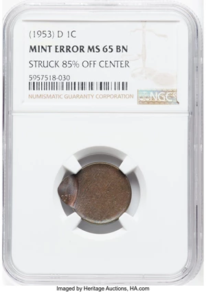 image for: (1953)-D 1C Lincoln Cent -- Struck 85% Off Center -- MS65 Brown NGC....