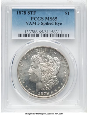 image for: 1878 8TF $1 Spiked Eye, VAM-3, MS65 PCGS. PCGS Population: (10/0). NGC Census: (2/0). CDN: $2,250 Whsle. Bid for NGC/PCGS M...