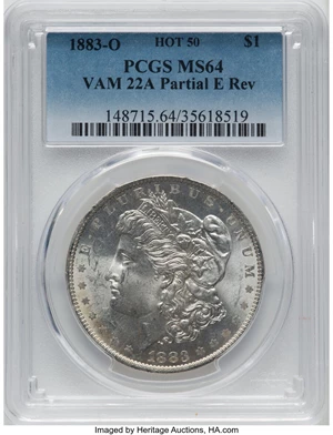 image for: 1883-O $1 Partial E on Reverse, VAM-22A, Hot 50, MS64 PCGS. PCGS Population: (11/1). NGC Census: (0/0). MS64. ...
