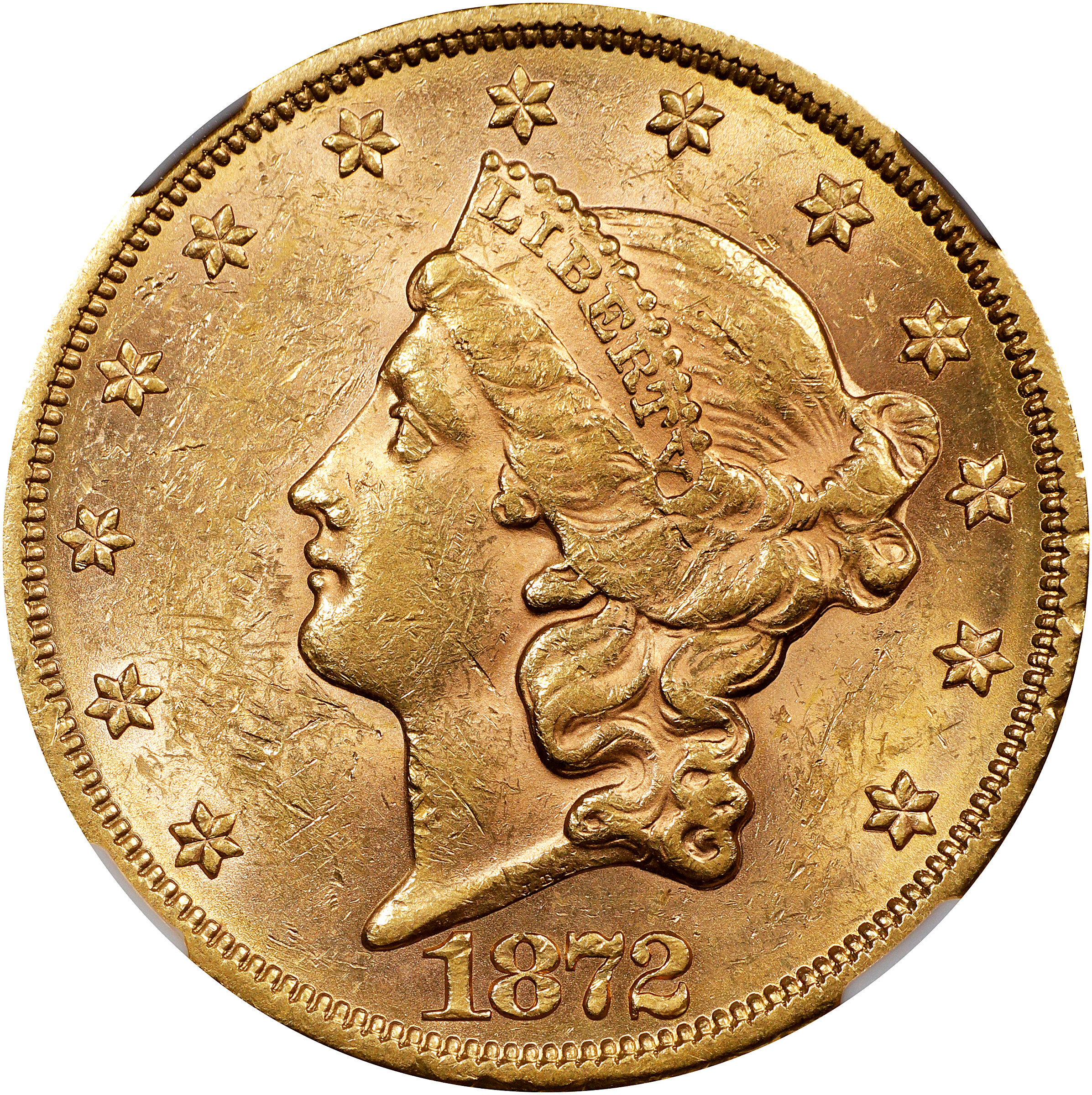 1872 Liberty Head Double Eagle. AU-55 (NGC).
