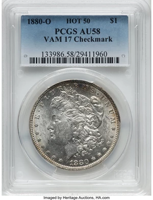 image for: 1880-O $1 Checkmark, VAM-17, Hot 50 AU58 PCGS. PCGS Population: (10/16). NGC Census: (0/0). CDN: $70 Whsle. Bid for NGC/PCGS...
